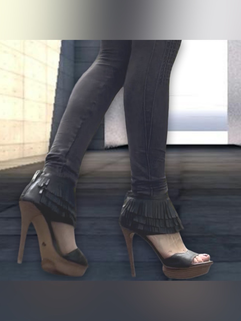 Velvet Angels ‘Queen’ Black Fringe Platform Stiletto Heels